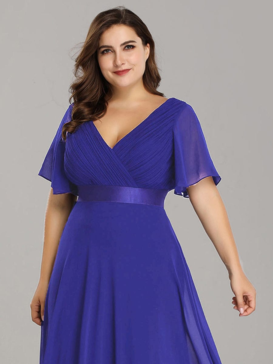 Plus Size Empire Waist Chiffon Maxi Dress with Short Sleeves #color_Sapphire Blue