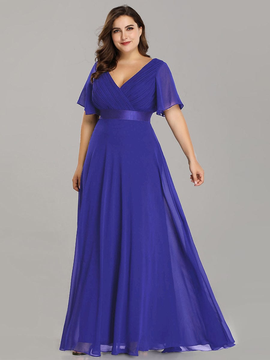 Plus Size Empire Waist Chiffon Maxi Dress with Short Sleeves #color_Sapphire Blue