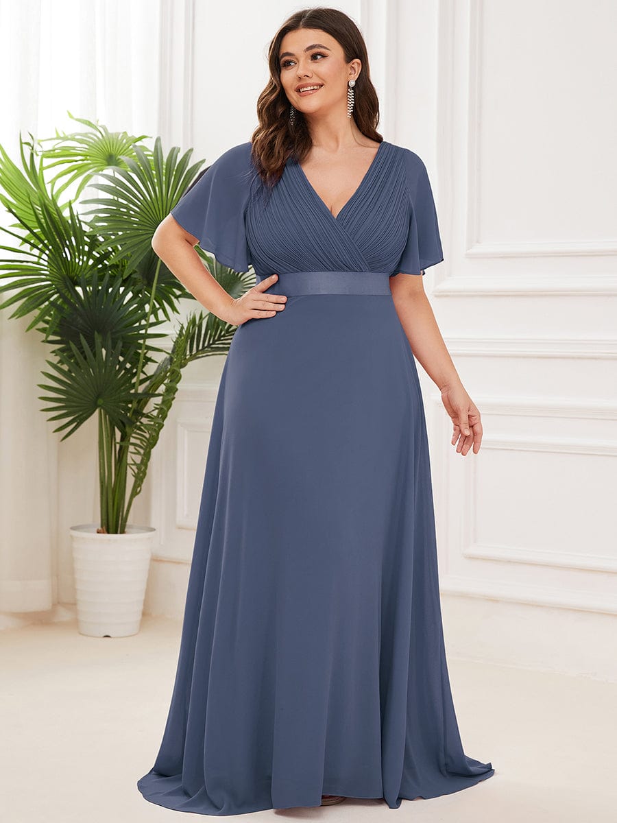 Plus Size Empire Waist Chiffon Maxi Dress with Short Sleeves #color_Stormy