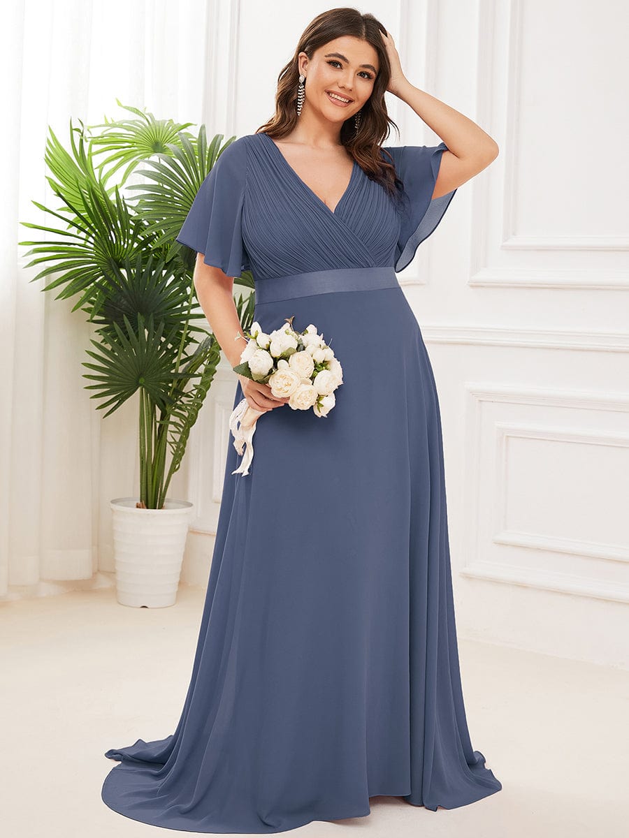 Plus Size Empire Waist Chiffon Maxi Dress with Short Sleeves #color_Stormy