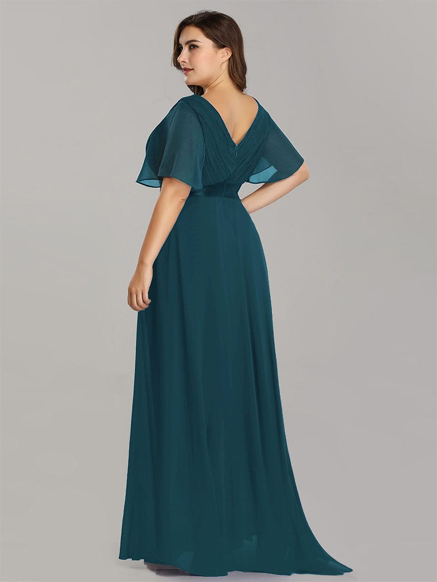 Plus Size Empire Waist Chiffon Maxi Dress with Short Sleeves #color_Teal