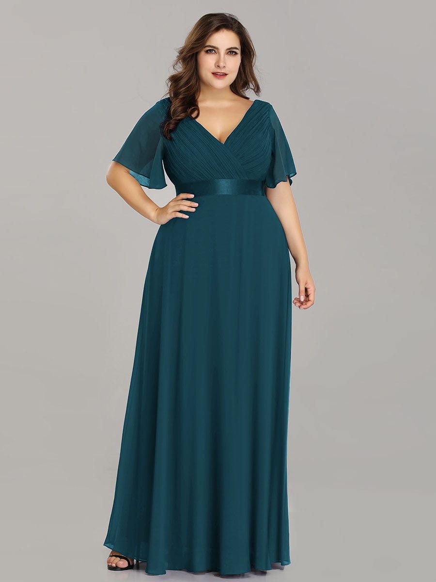 Plus Size Empire Waist Chiffon Maxi Dress with Short Sleeves #color_Teal