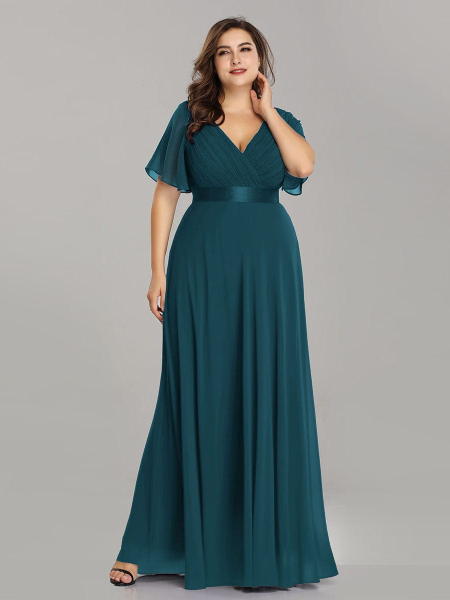 Plus Size Empire Waist Chiffon Maxi Dress with Short Sleeves #color_Teal