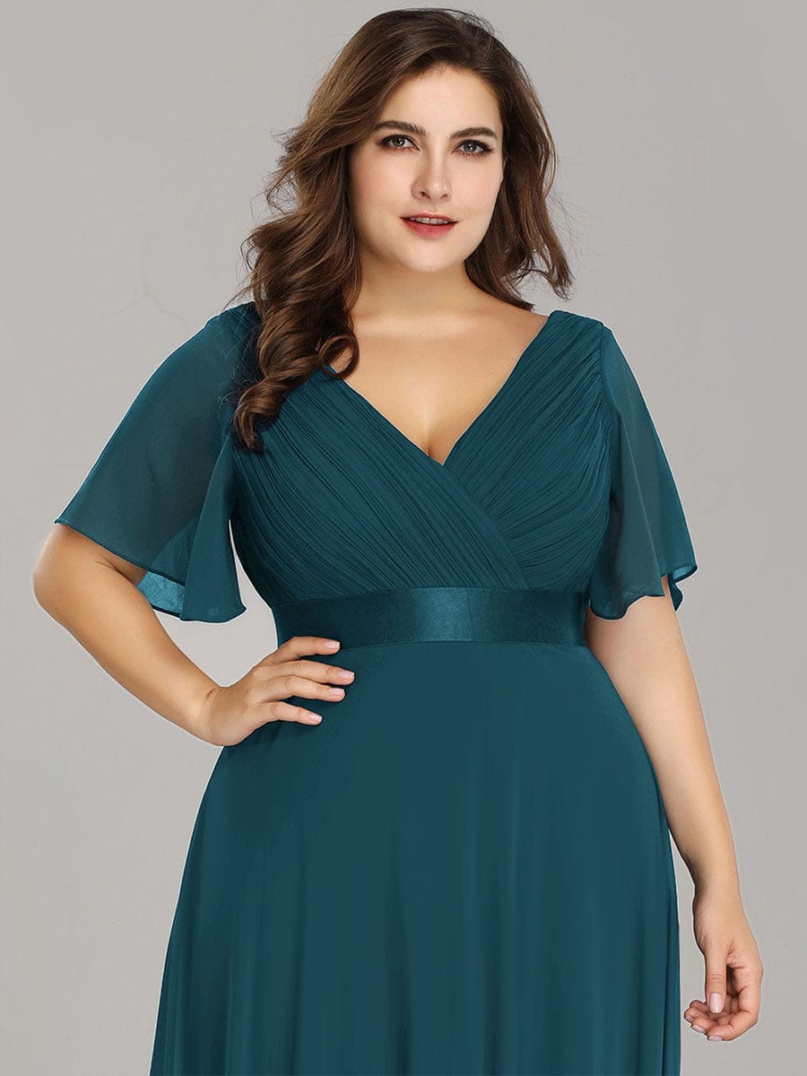 Plus Size Empire Waist Chiffon Maxi Dress with Short Sleeves #color_Teal