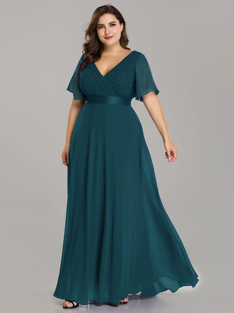 Plus Size Empire Waist Chiffon Maxi Dress with Short Sleeves #color_Teal