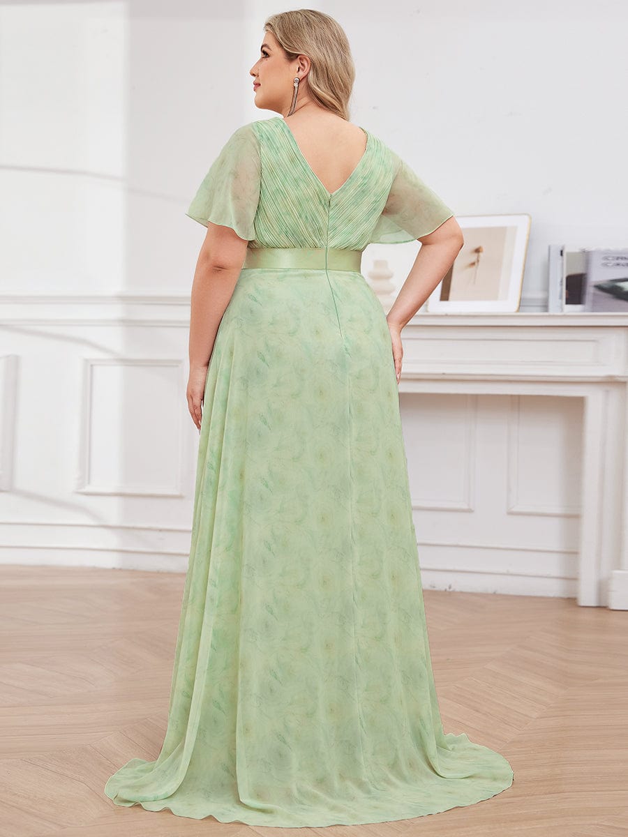 Plus Size Empire Waist Chiffon Maxi Dress with Short Sleeves #color_Light Green Roses