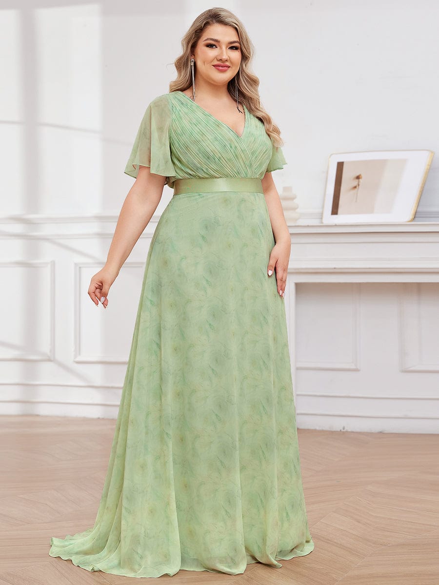 Plus Size Empire Waist Chiffon Maxi Dress with Short Sleeves #color_Light Green Roses