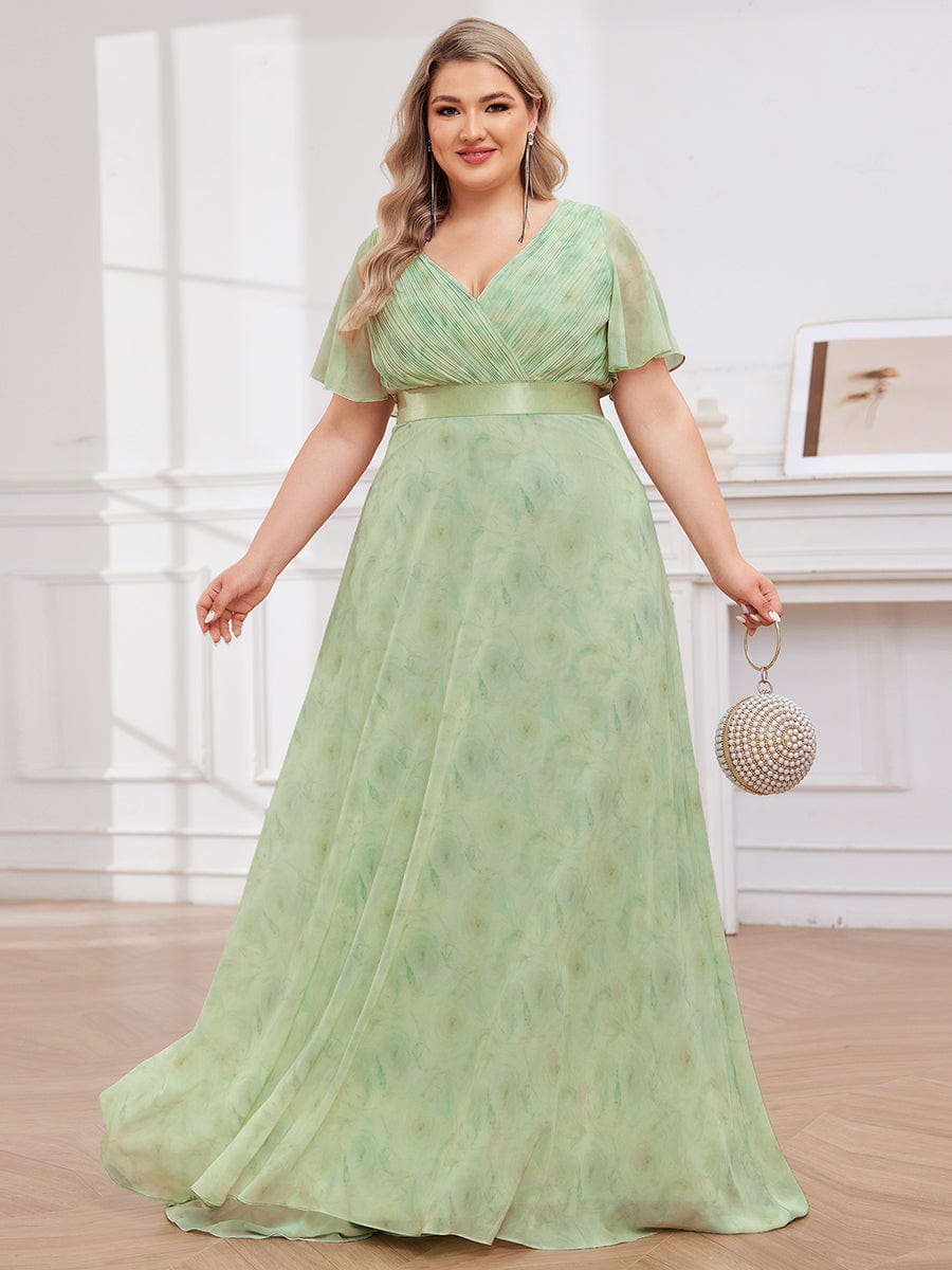 Plus Size Empire Waist Chiffon Maxi Dress with Short Sleeves #color_Light Green Roses