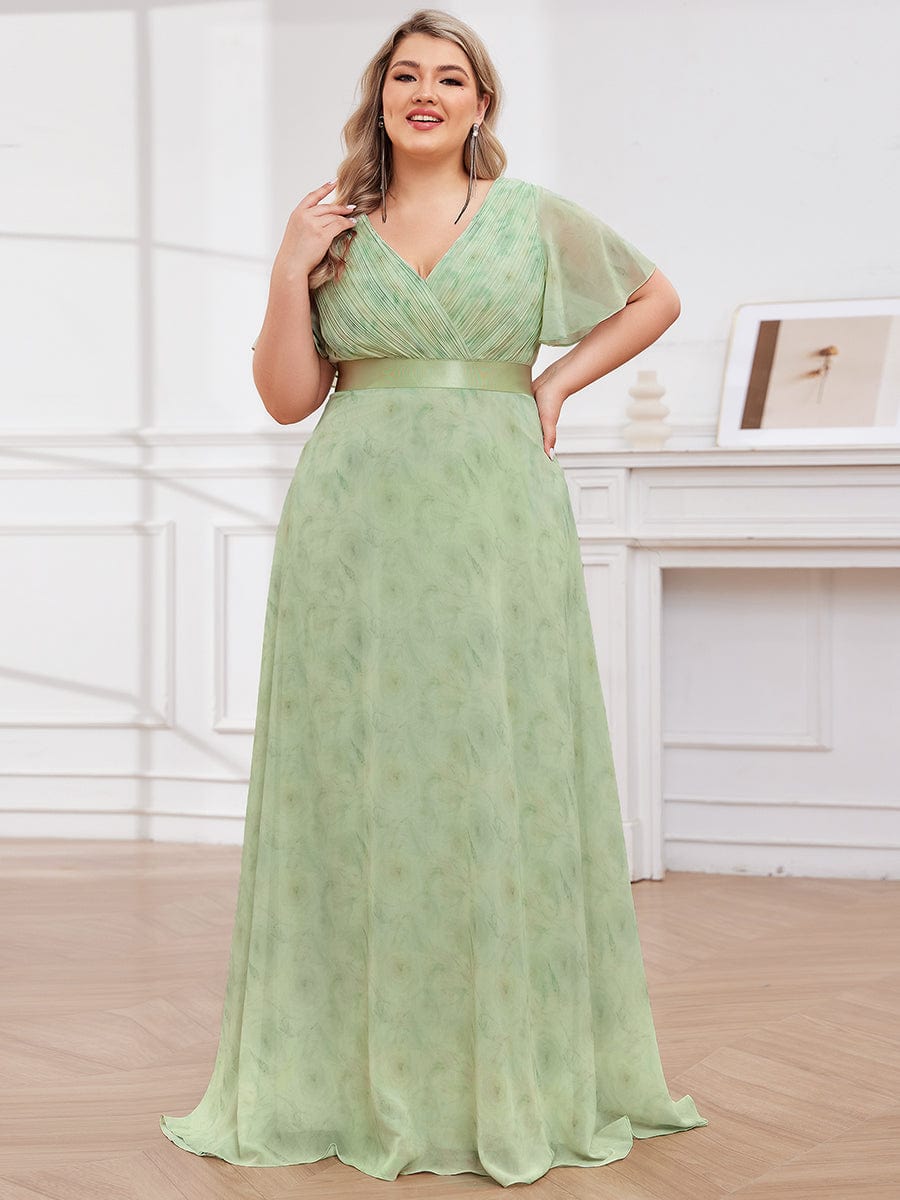 Plus Size Empire Waist Chiffon Maxi Dress with Short Sleeves #color_Light Green Roses