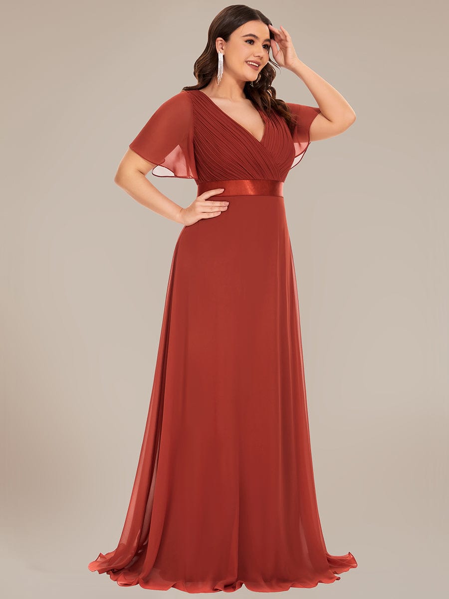 Plus Size Empire Waist Chiffon Maxi Dress with Short Sleeves #color_Vermilion