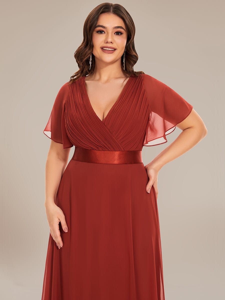 Plus Size Empire Waist Chiffon Maxi Dress with Short Sleeves #color_Vermilion