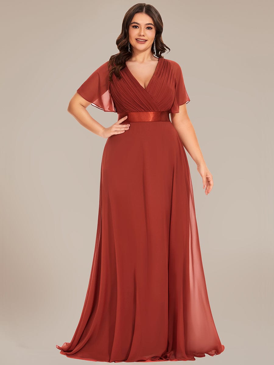 Plus Size Empire Waist Chiffon Maxi Dress with Short Sleeves #color_Vermilion