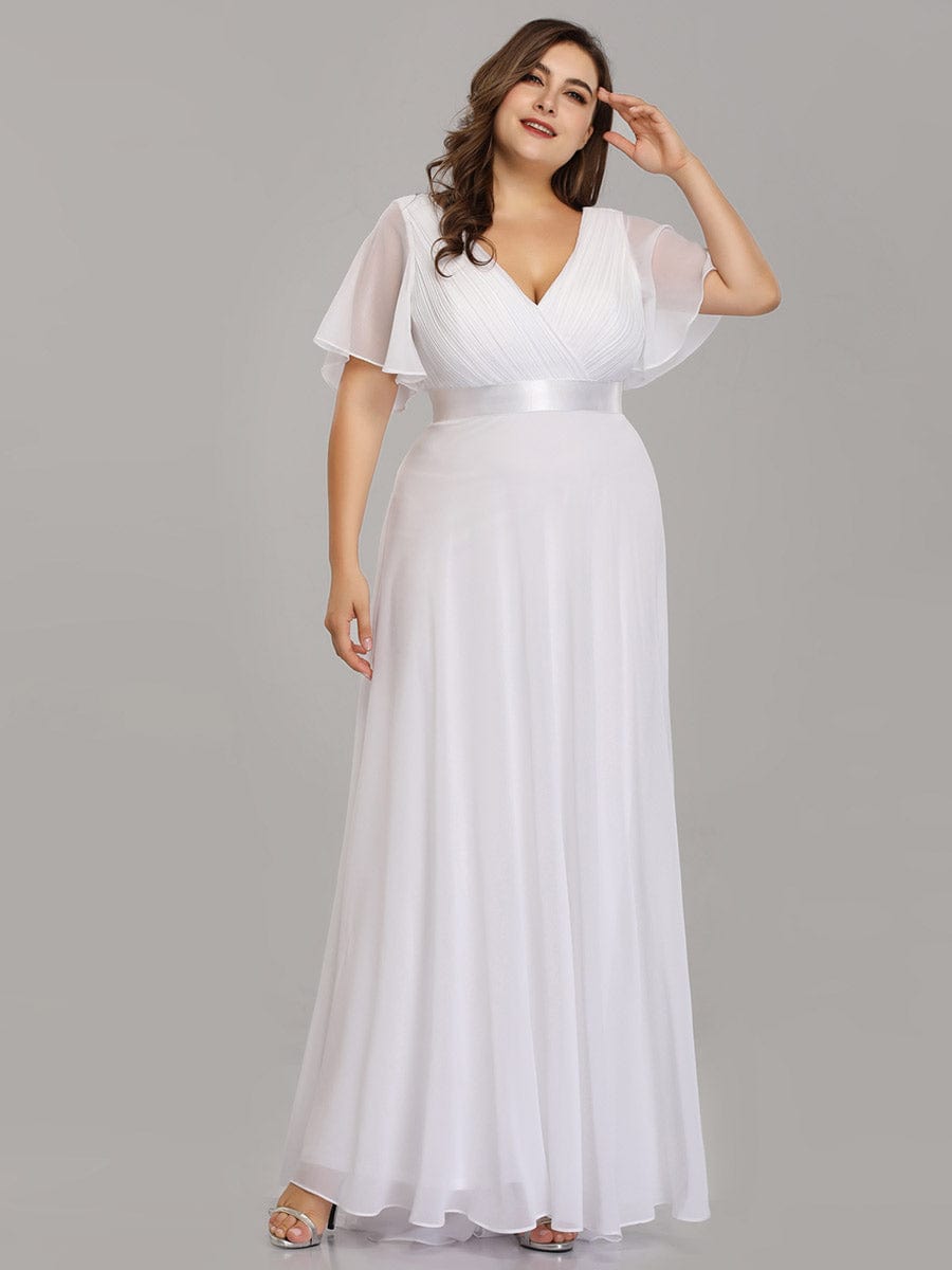 Plus Size Empire Waist Chiffon Maxi Dress with Short Sleeves #color_White