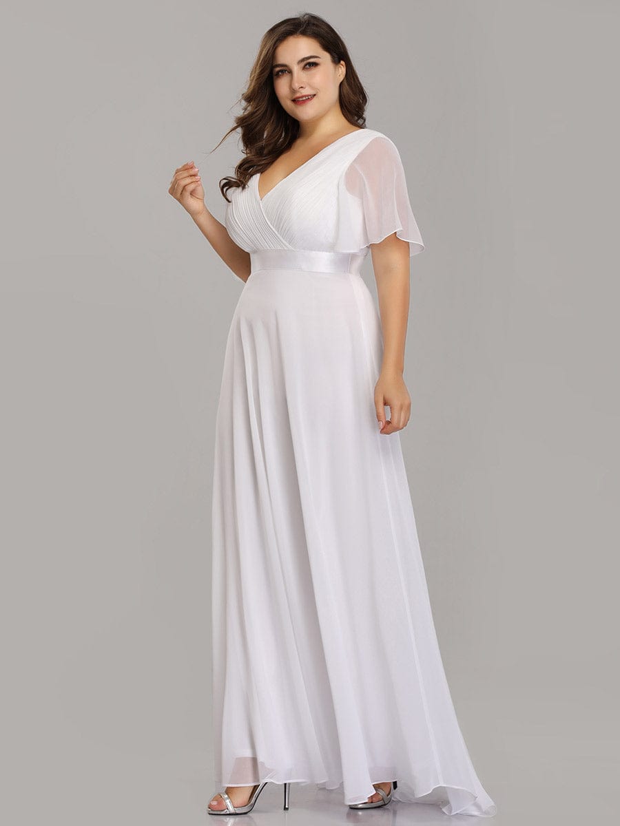 Plus Size Empire Waist Chiffon Maxi Dress with Short Sleeves #color_White