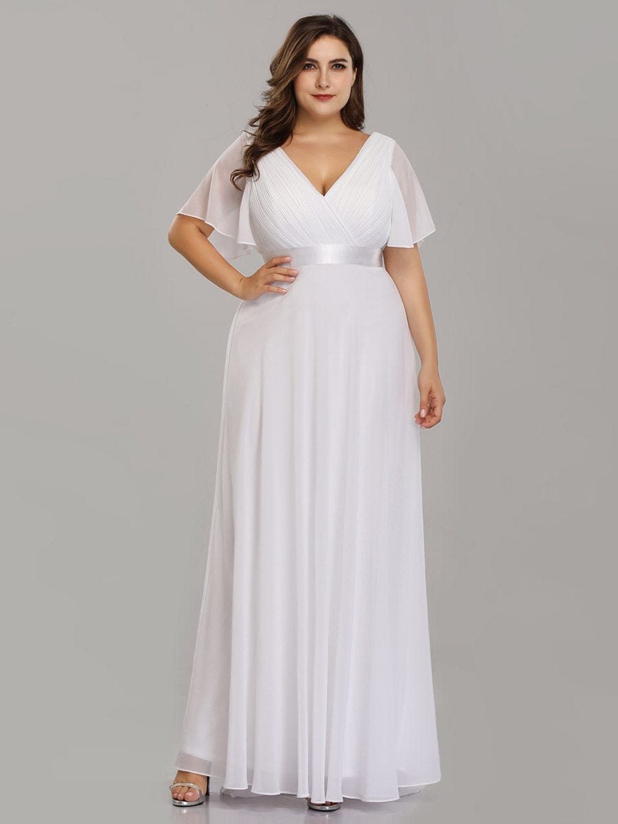 Plus Size Empire Waist Chiffon Maxi Dress with Short Sleeves #color_White