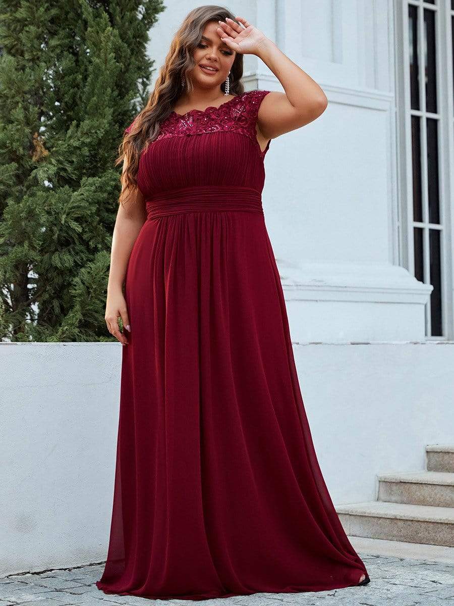 Plus Size Maxi Lace Cap Sleeve Dress #color_Burgundy