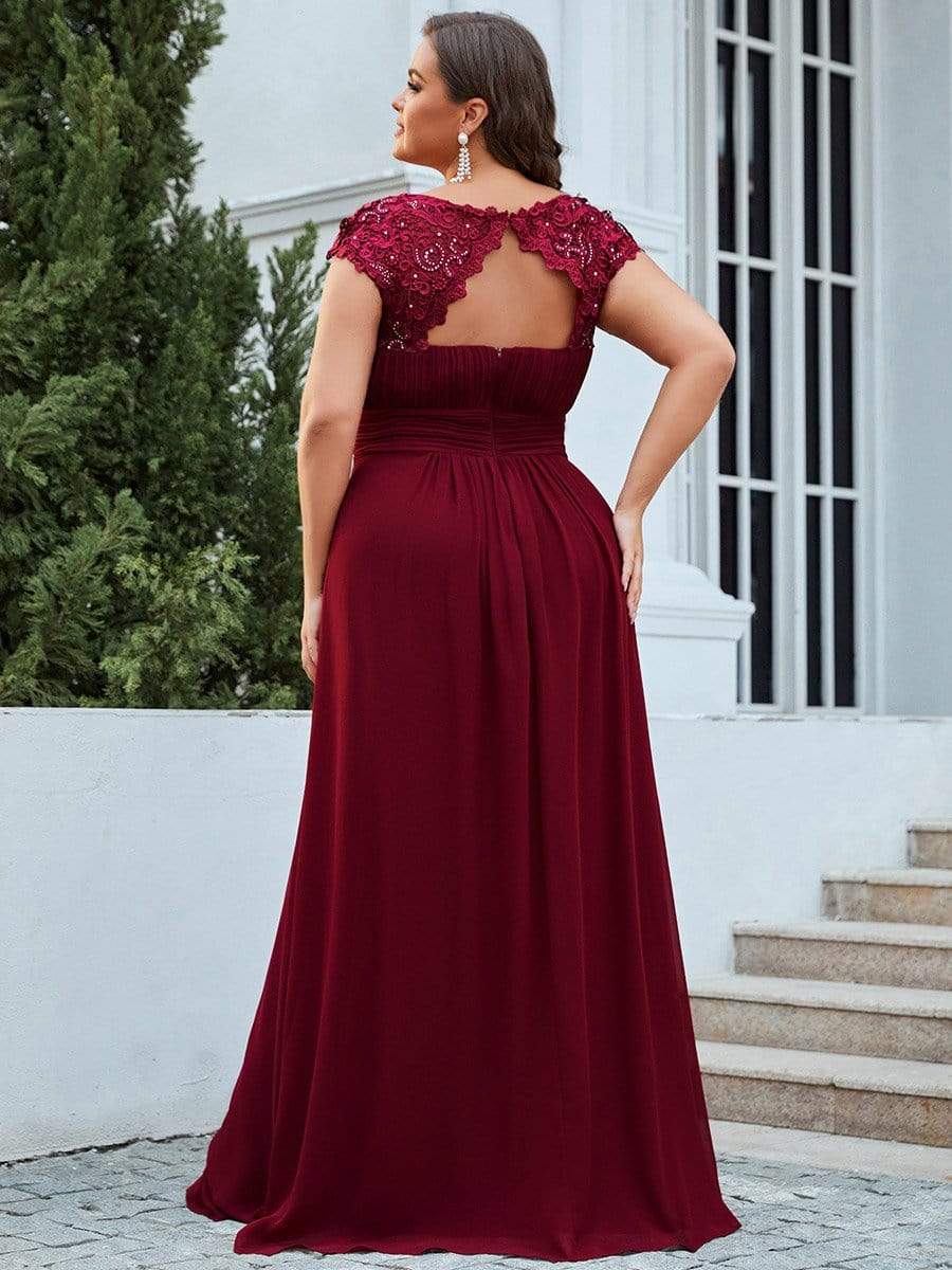 Plus Size Maxi Lace Cap Sleeve Dress #color_Burgundy