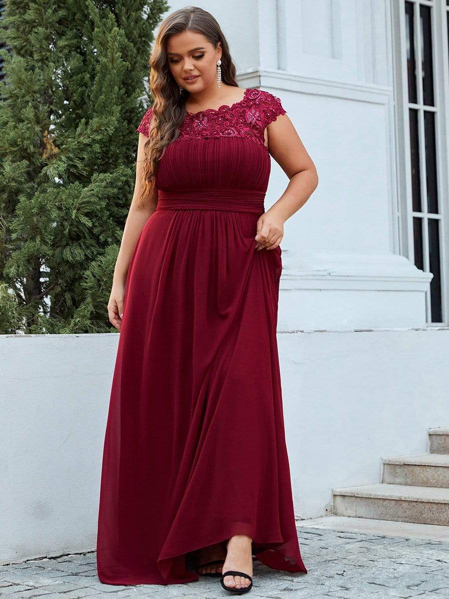 Plus Size Maxi Lace Cap Sleeve Dress #color_Burgundy