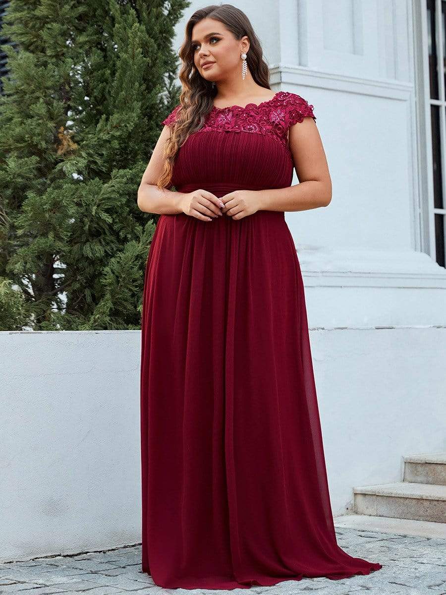 Plus Size Maxi Lace Cap Sleeve Dress #color_Burgundy