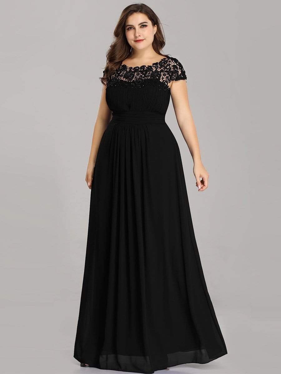 Plus Size Maxi Lace Cap Sleeve Dress #color_Black