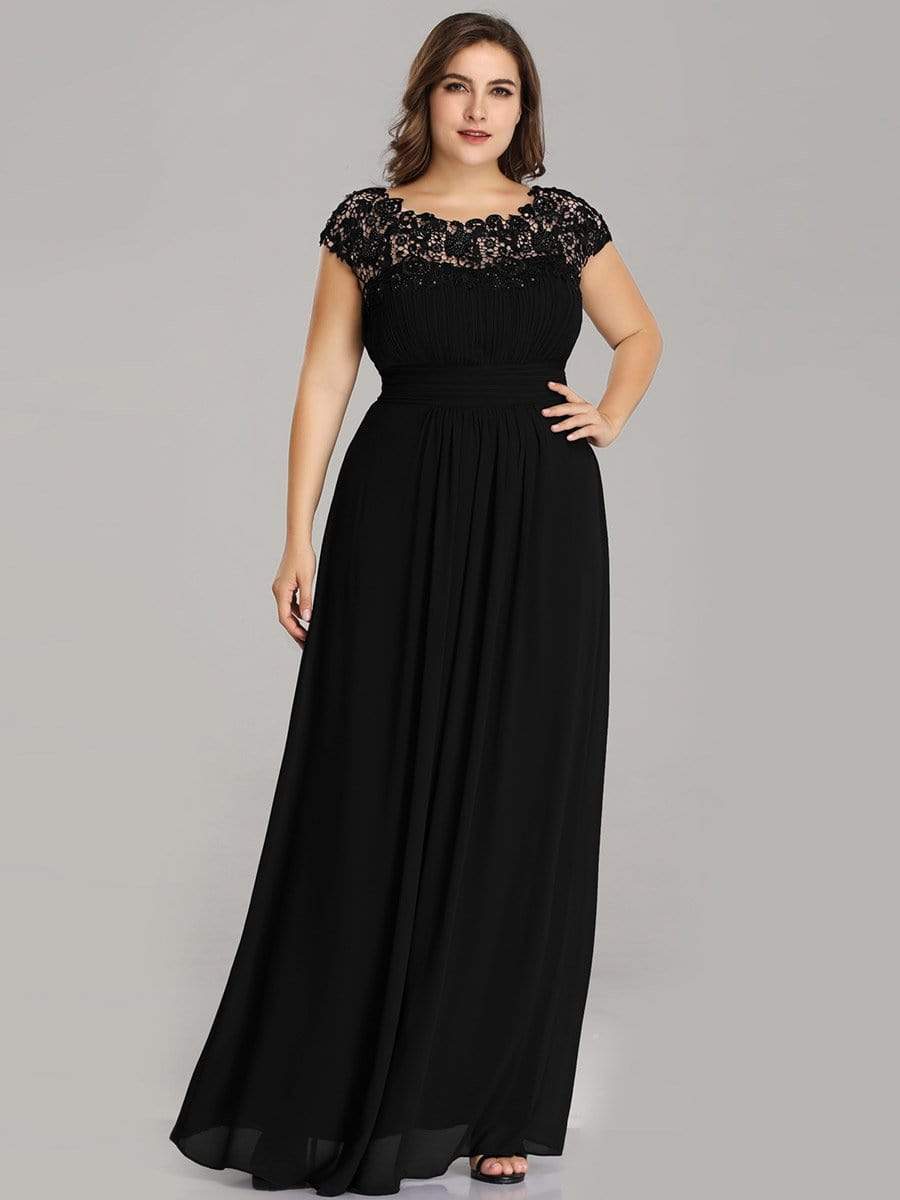 Plus Size Maxi Lace Cap Sleeve Dress #color_Black