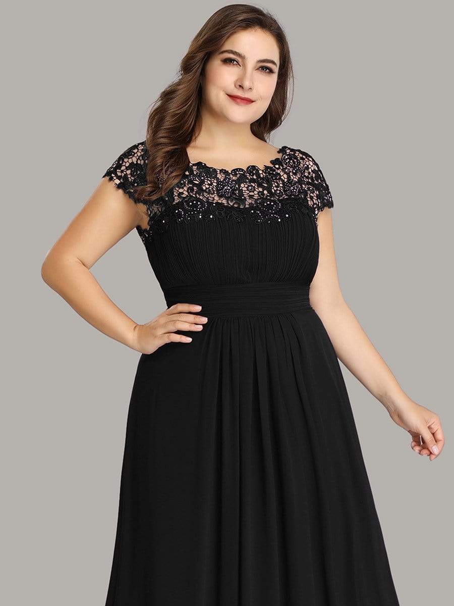 Plus Size Maxi Lace Cap Sleeve Dress #color_Black