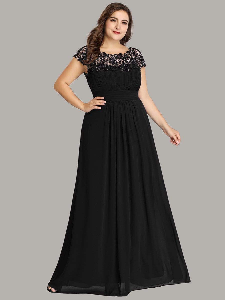 Plus Size Maxi Lace Cap Sleeve Dress #color_Black