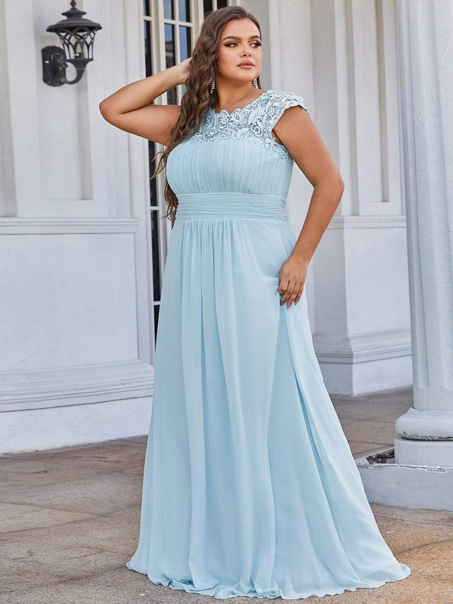 Plus Size Maxi Lace Cap Sleeve Dress #color_Sky Blue