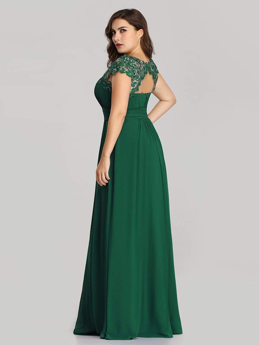 Plus Size Maxi Lace Cap Sleeve Dress #color_Dark Green