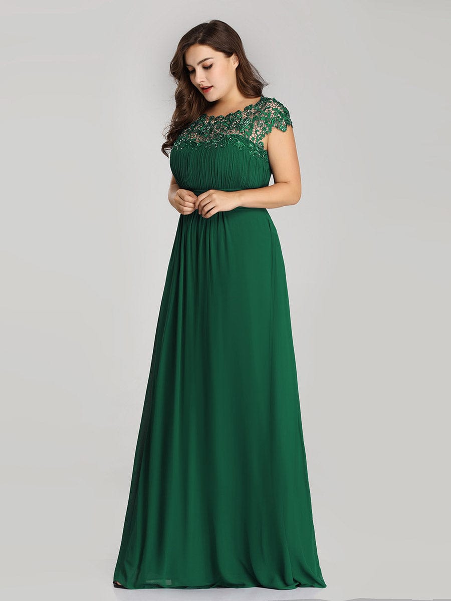 Plus Size Maxi Lace Cap Sleeve Dress #color_Dark Green