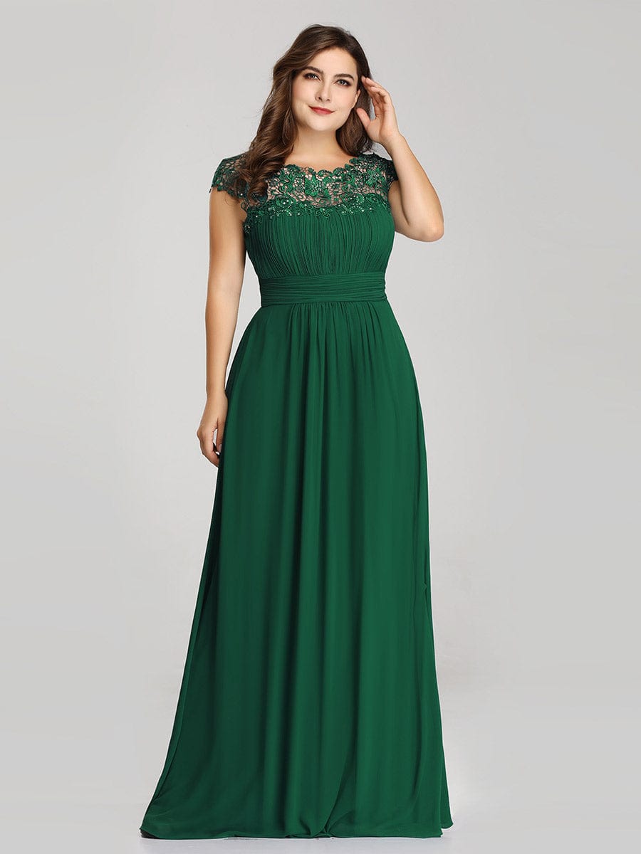 Plus Size Maxi Lace Cap Sleeve Dress #color_Dark Green