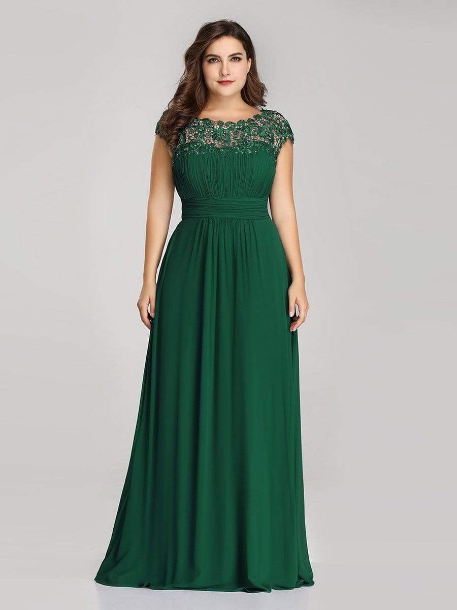 Plus Size Maxi Lace Cap Sleeve Dress #color_Dark Green