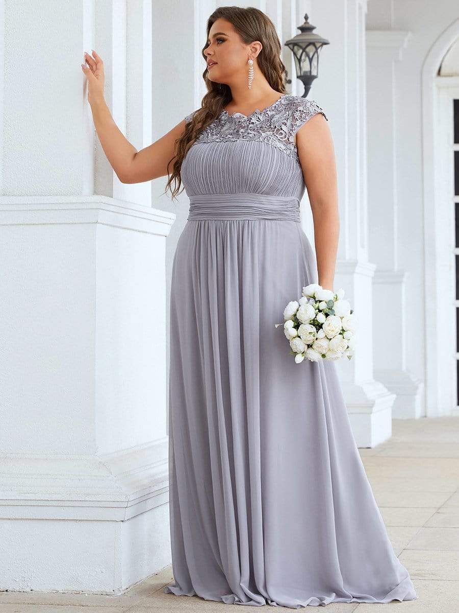 Plus Size Maxi Lace Cap Sleeve Dress #color_Grey