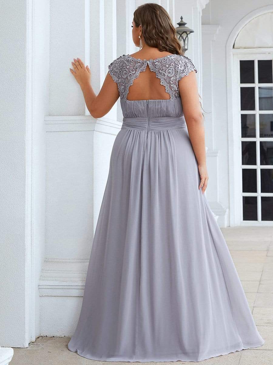 Plus Size Maxi Lace Cap Sleeve Dress #color_Grey