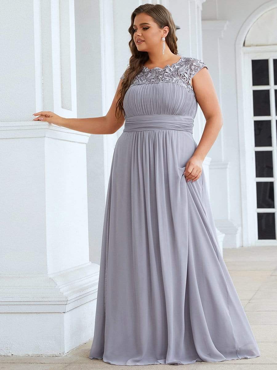 Plus Size Maxi Lace Cap Sleeve Dress #color_Grey