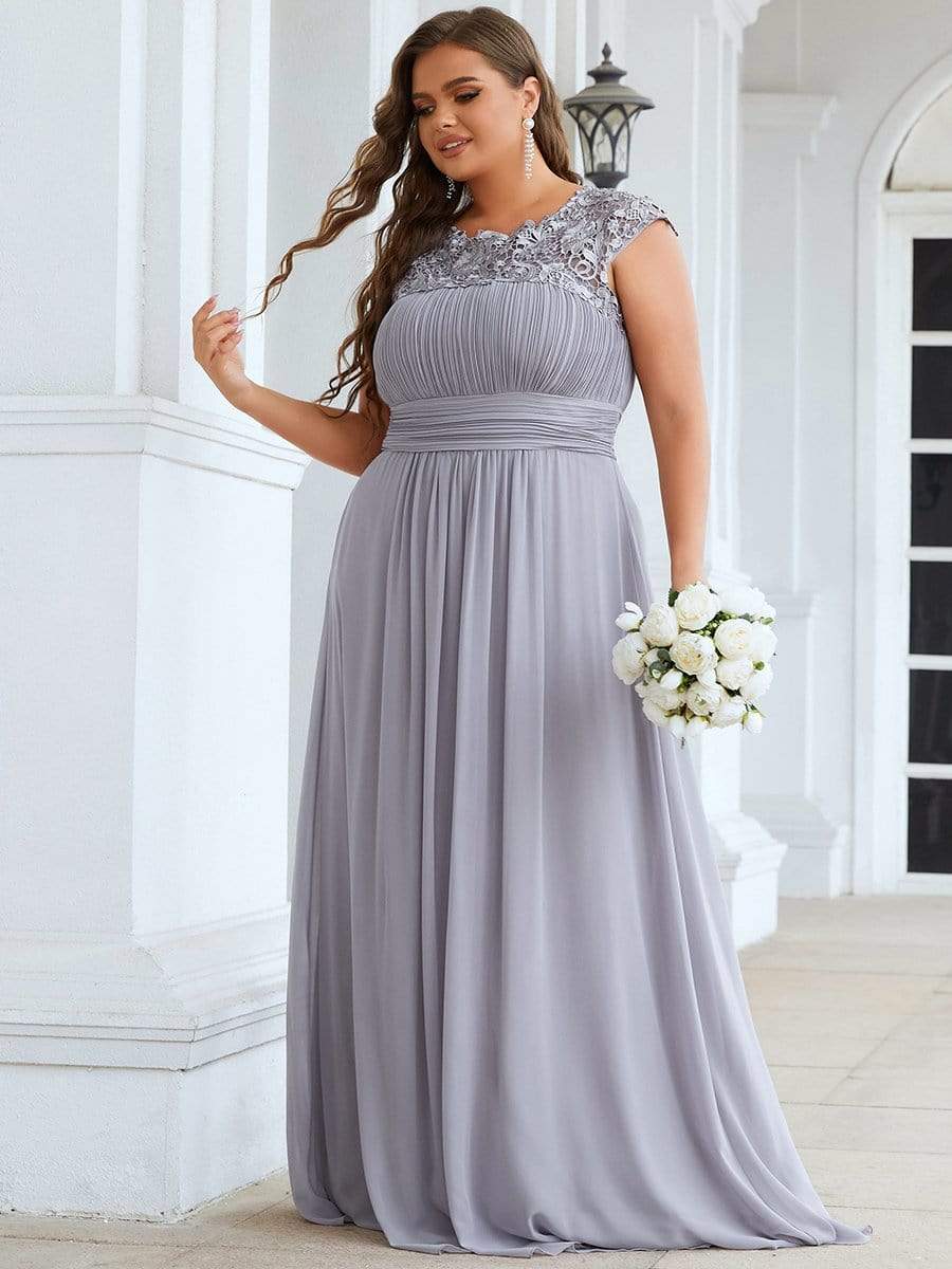 Plus Size Maxi Lace Cap Sleeve Dress #color_Grey