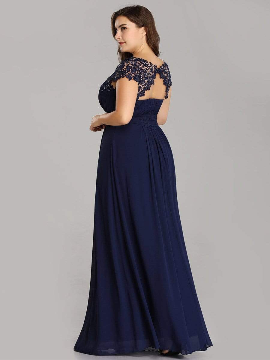 Plus Size Maxi Lace Cap Sleeve Dress #color_Navy Blue