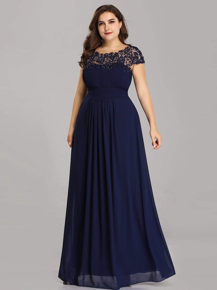 Plus Size Maxi Lace Cap Sleeve Dress #color_Navy Blue