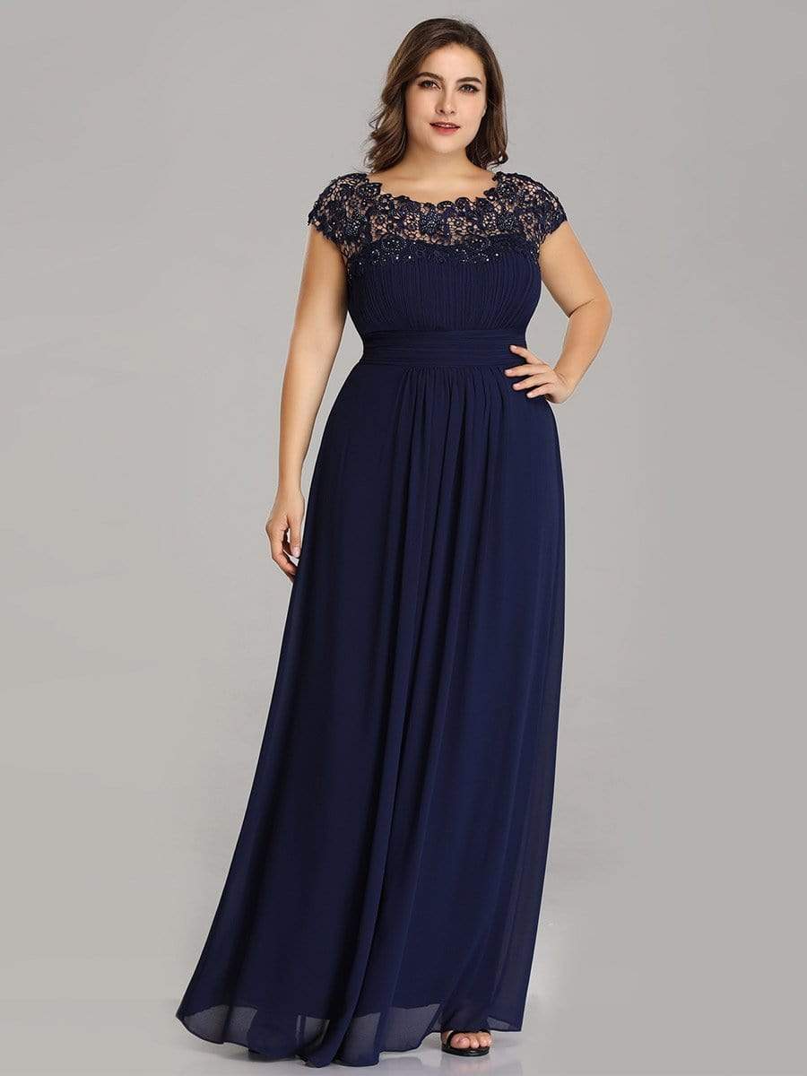 Plus Size Maxi Lace Cap Sleeve Dress #color_Navy Blue