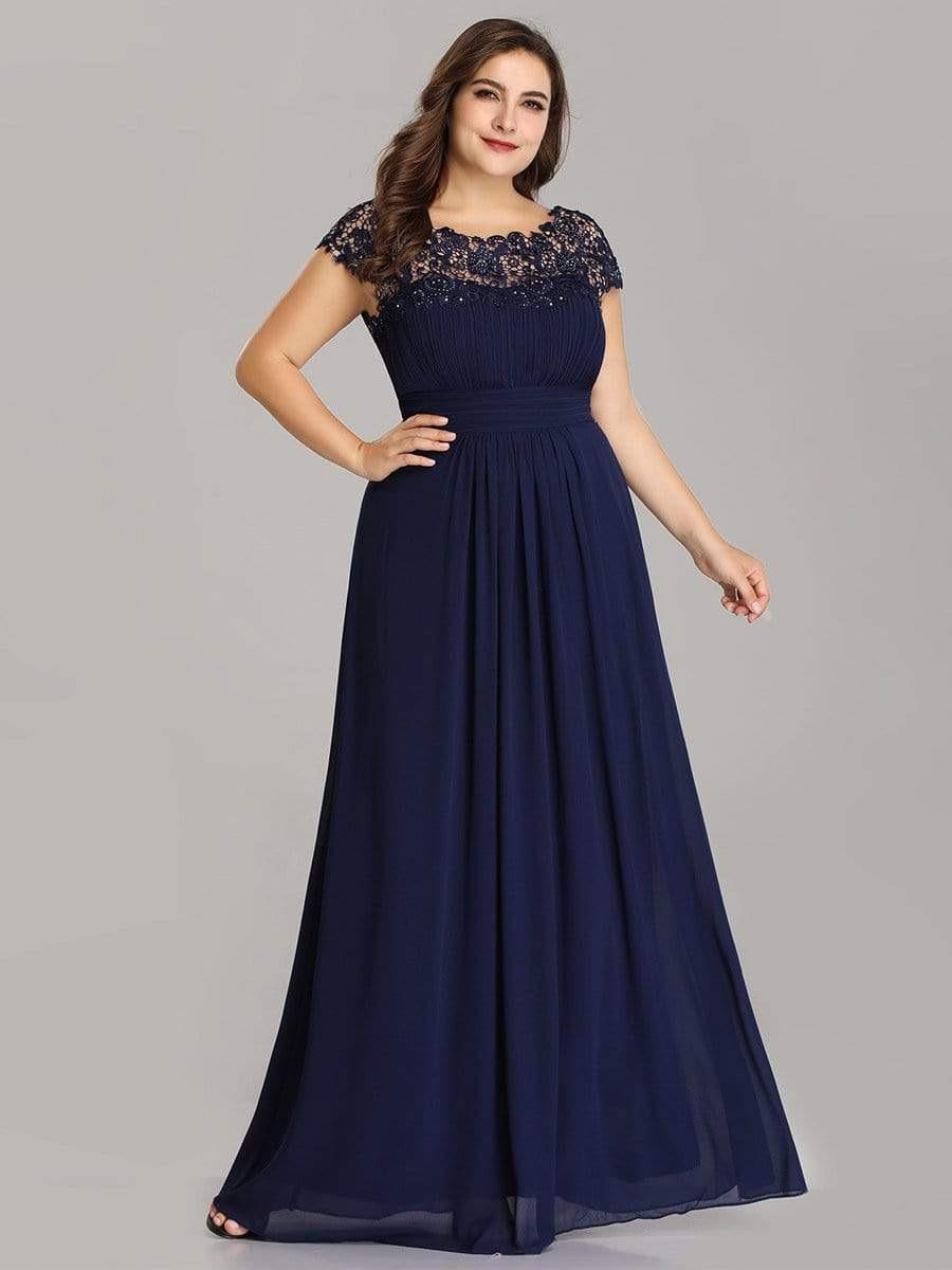 Plus Size Maxi Lace Cap Sleeve Dress #color_Navy Blue