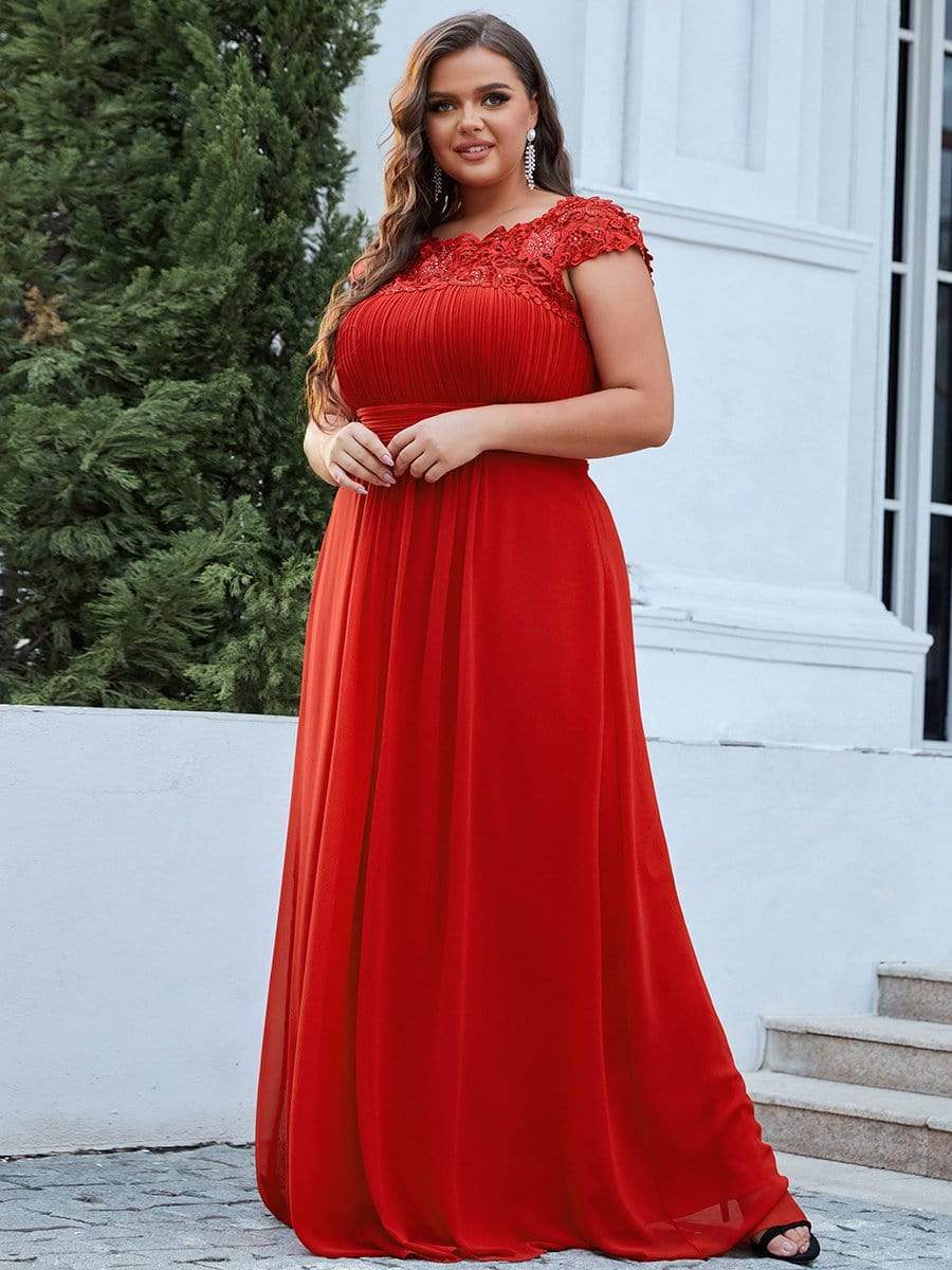 Plus Size Maxi Lace Cap Sleeve Dress #color_Red