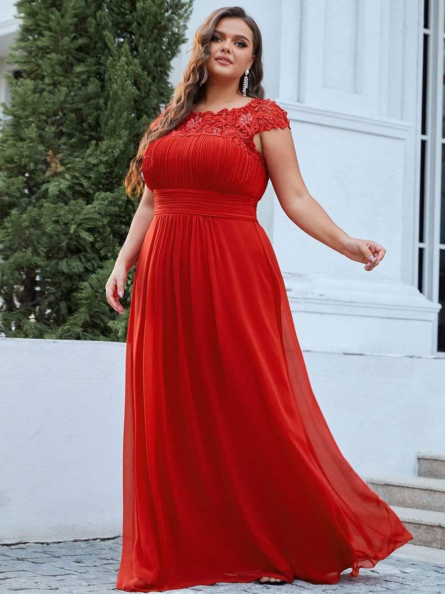 Plus Size Maxi Lace Cap Sleeve Dress #color_Red