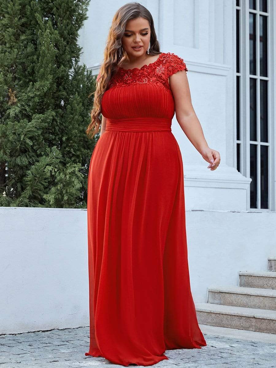 Plus Size Maxi Lace Cap Sleeve Dress #color_Red