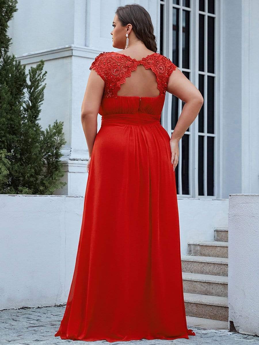 Plus Size Maxi Lace Cap Sleeve Dress #color_Red