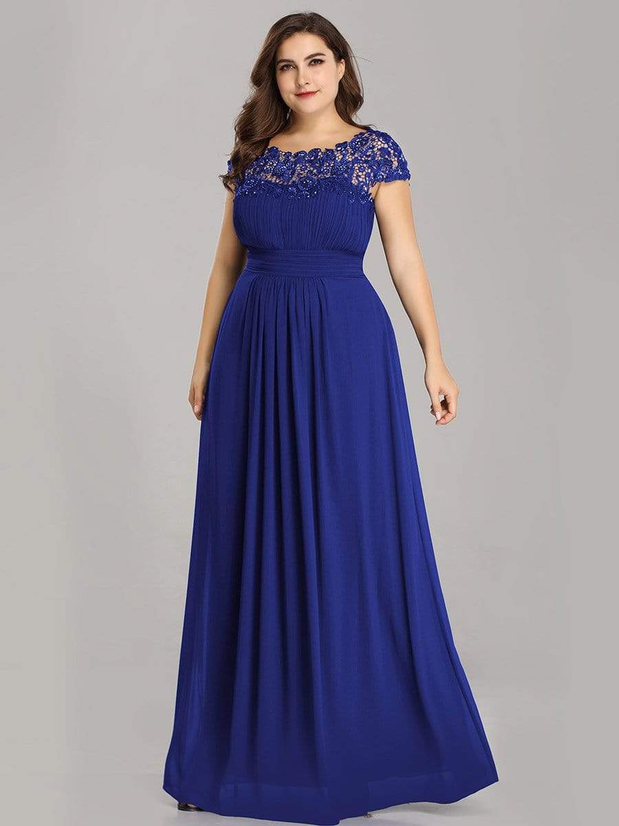 Plus Size Maxi Lace Cap Sleeve Dress #color_Sapphire Blue