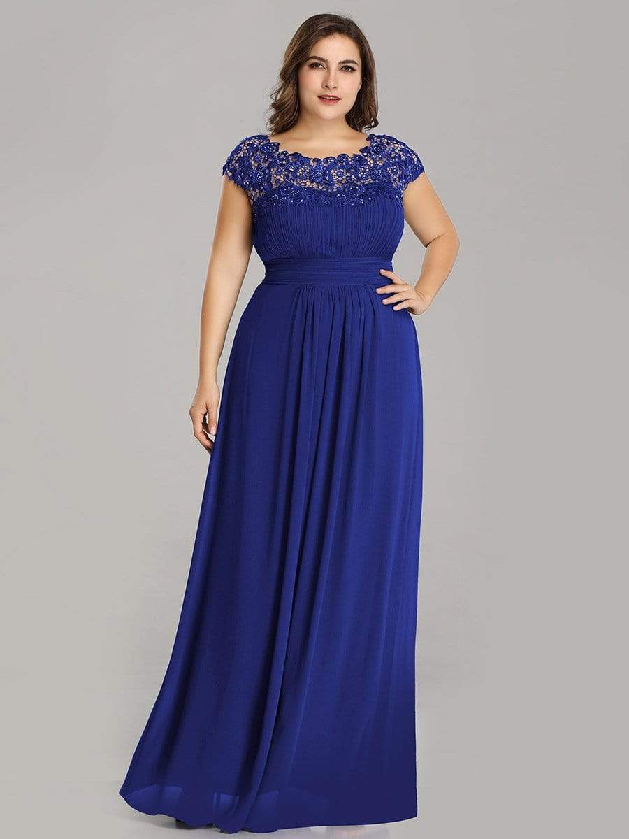 Plus Size Maxi Lace Cap Sleeve Dress #color_Sapphire Blue