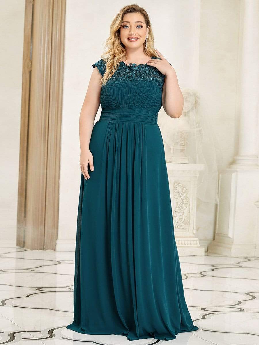 Plus Size Maxi Lace Cap Sleeve Dress #color_Teal