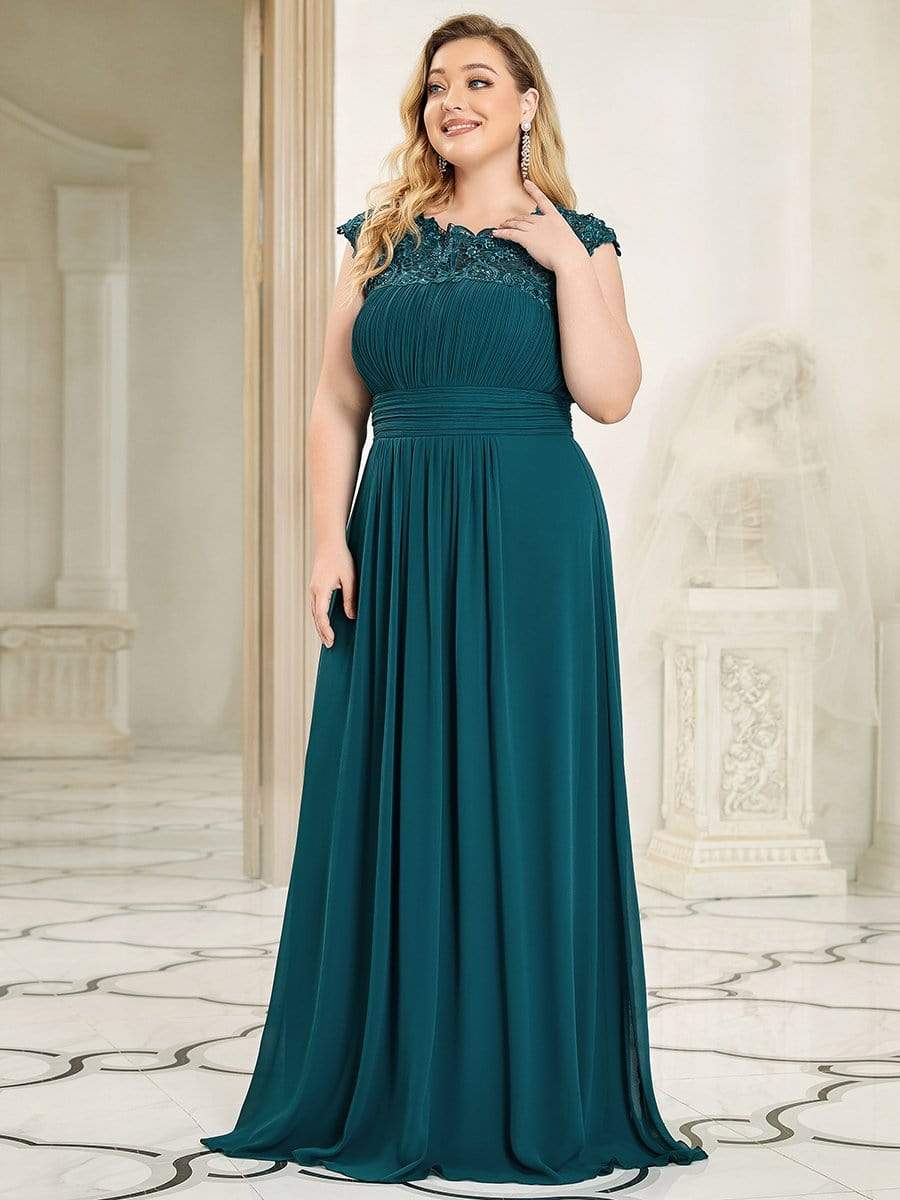 Plus Size Maxi Lace Cap Sleeve Dress #color_Teal