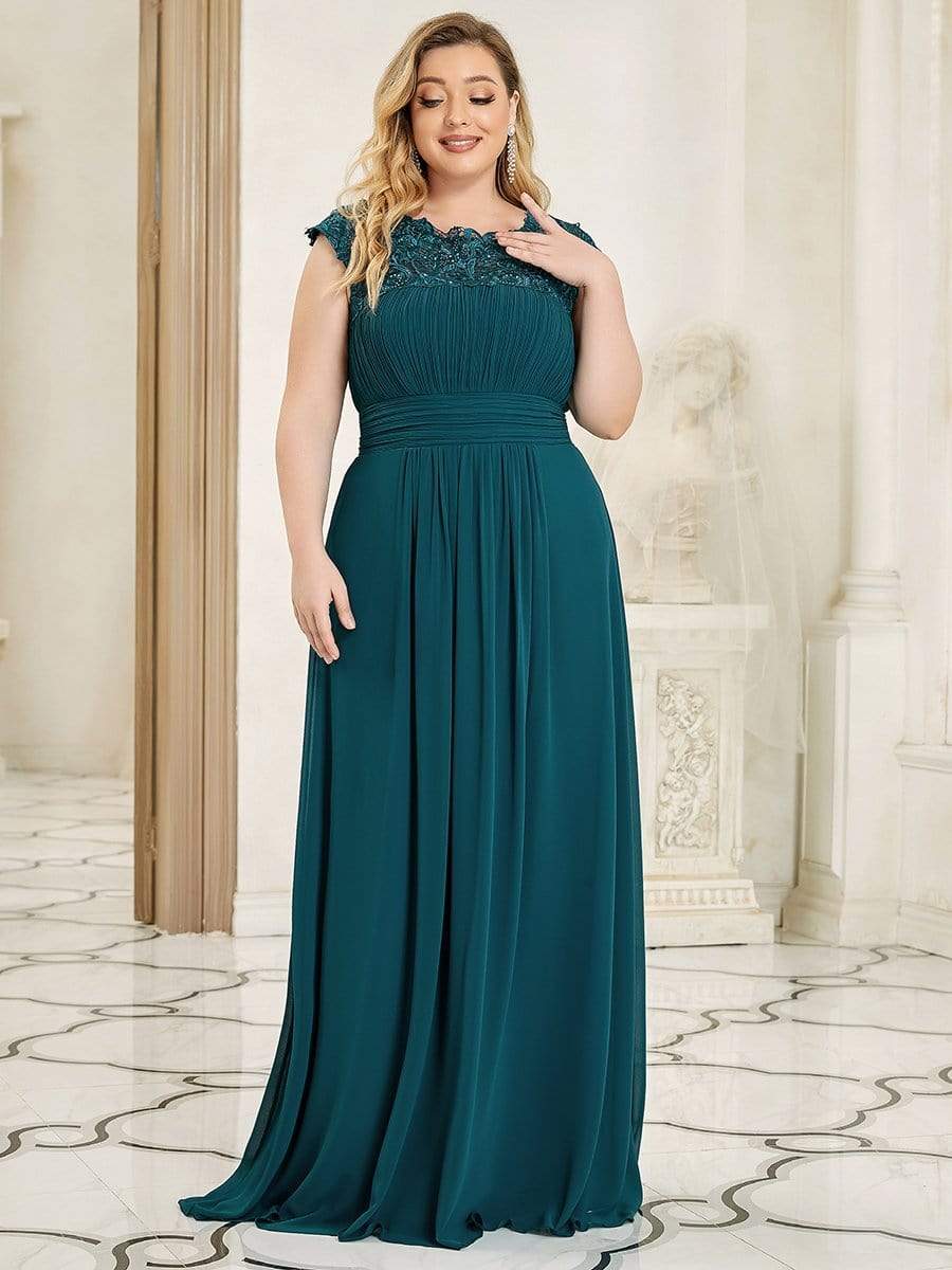 Plus Size Maxi Lace Cap Sleeve Dress #color_Teal