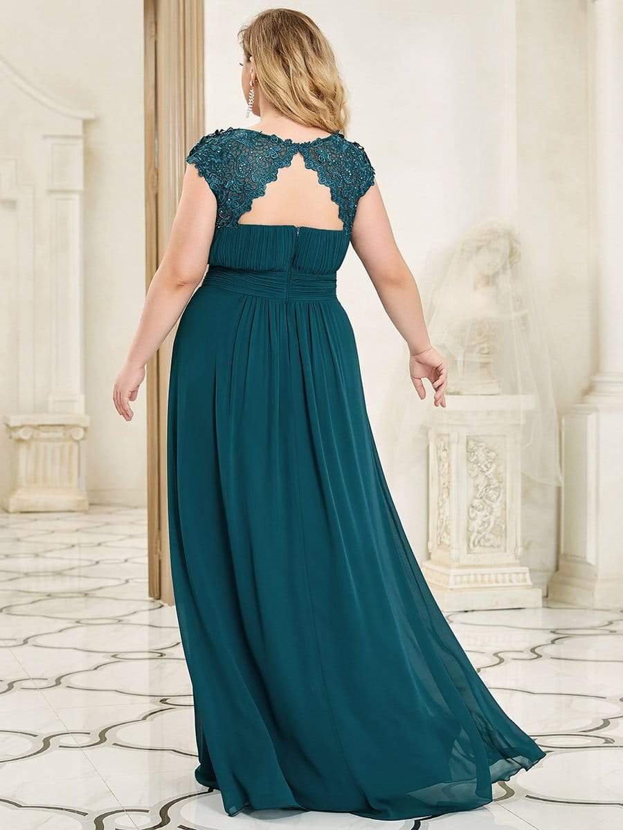 Plus Size Maxi Lace Cap Sleeve Dress #color_Teal